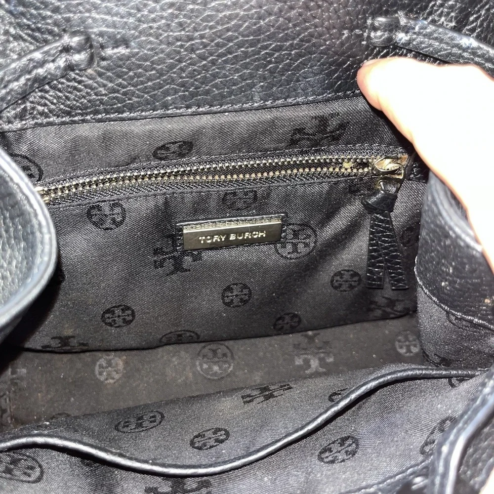 Tory Burch McGraw Black Pebbled Leather Backpack Tassel Double T Logo Stains